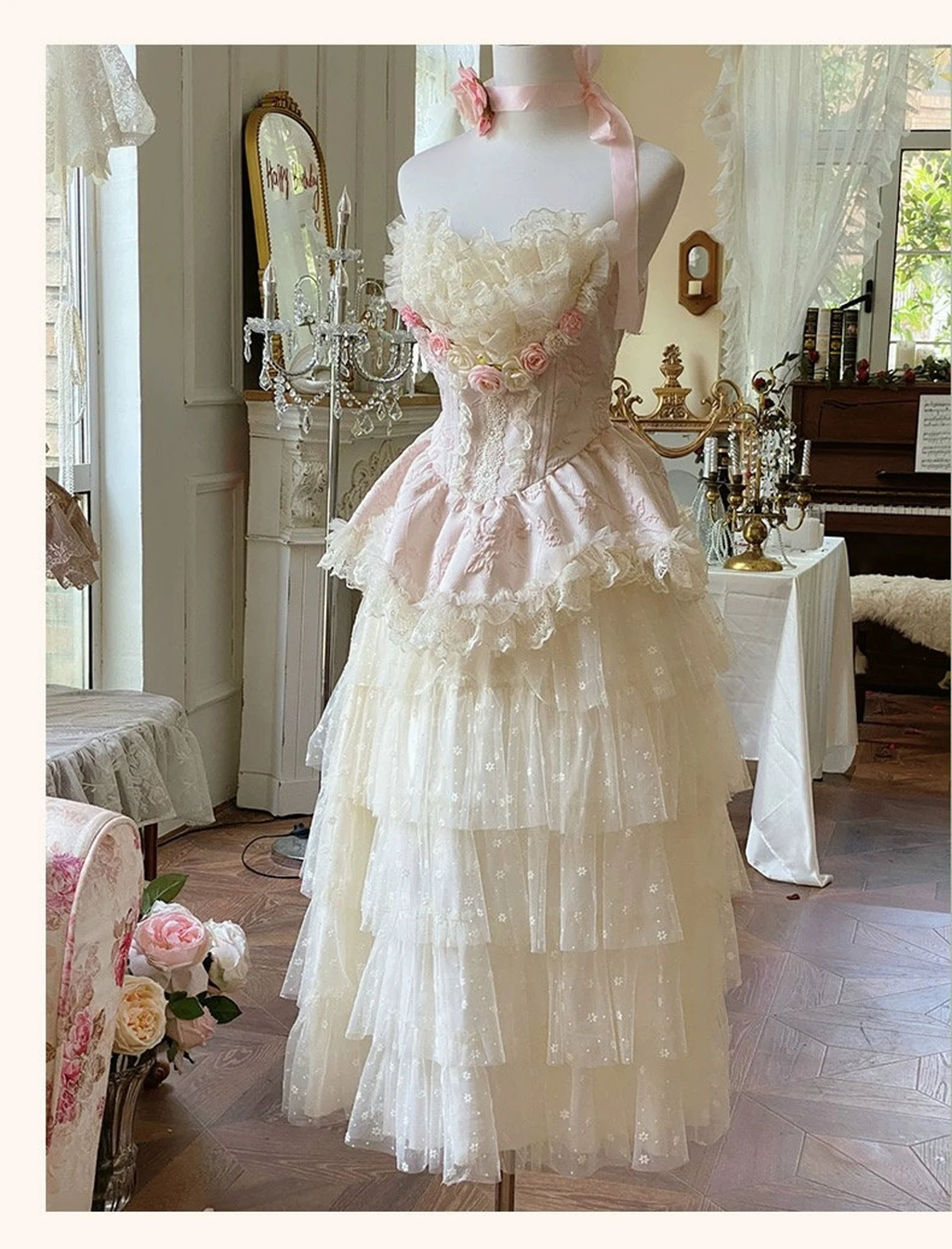 Blooming Flowers Lace Marie Antoinette Style Dress Set