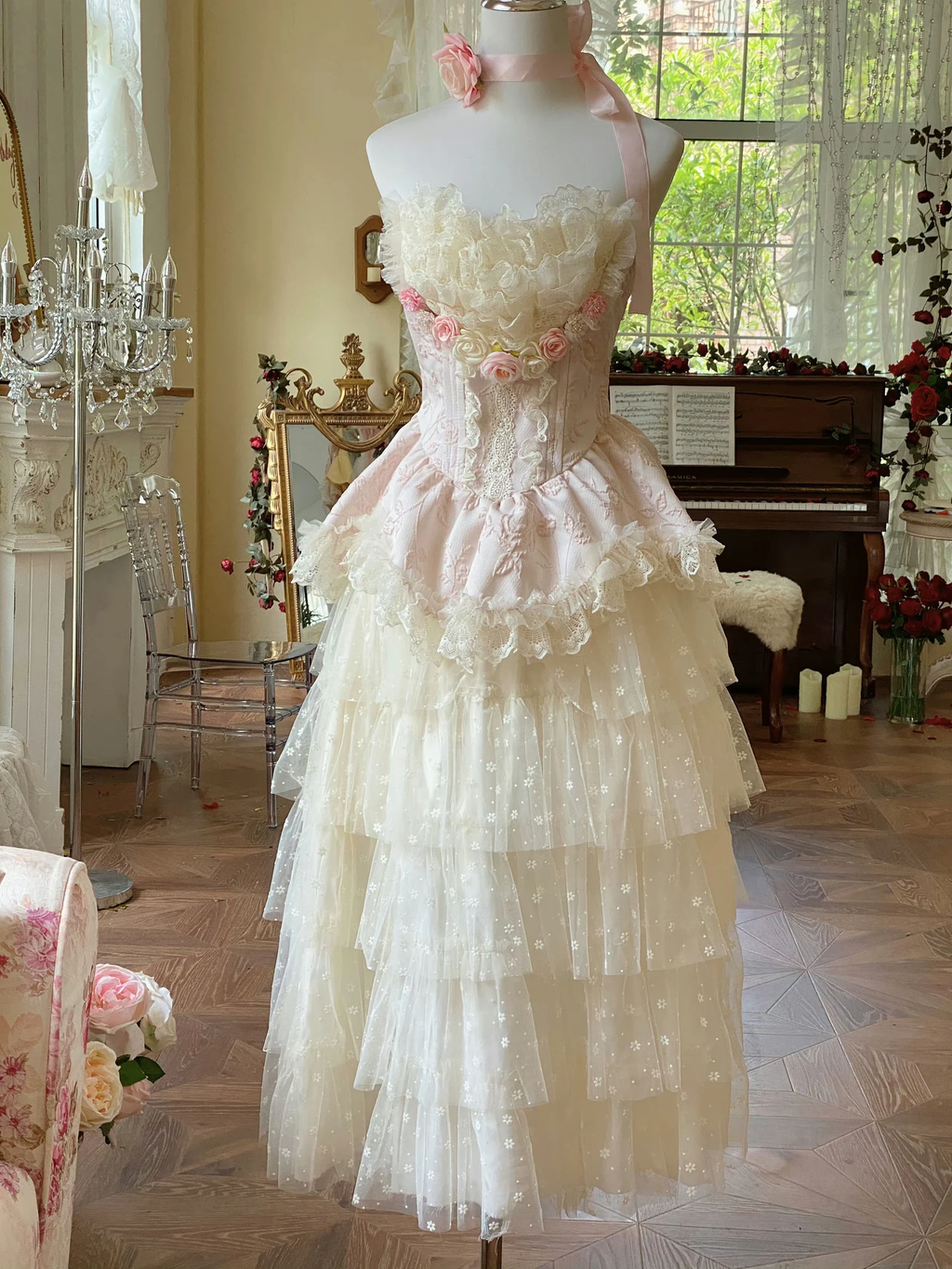 Blooming Flowers Lace Marie Antoinette Style Dress Set