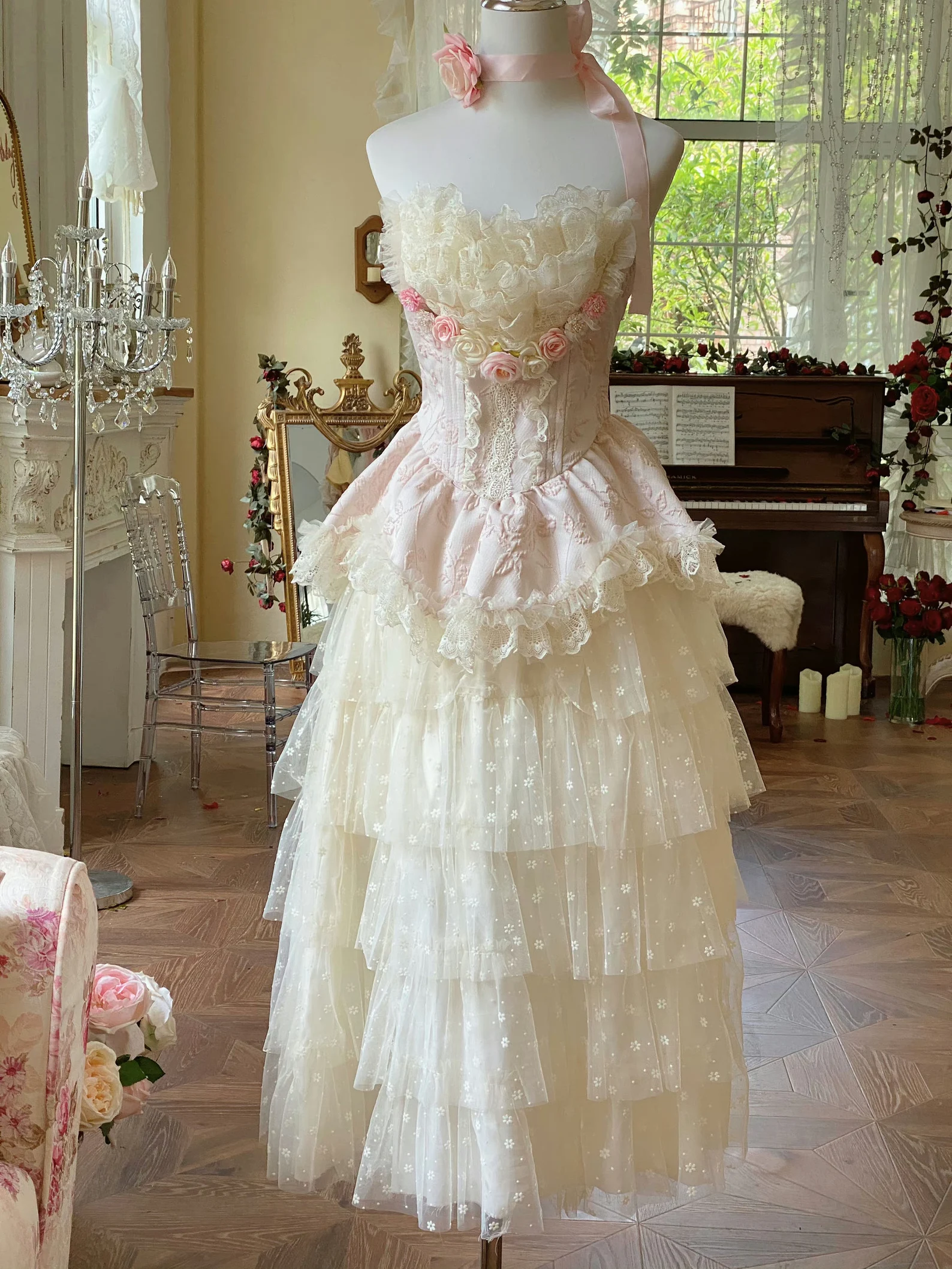 Blooming Flowers Lace Marie Antoinette Style Dress Set