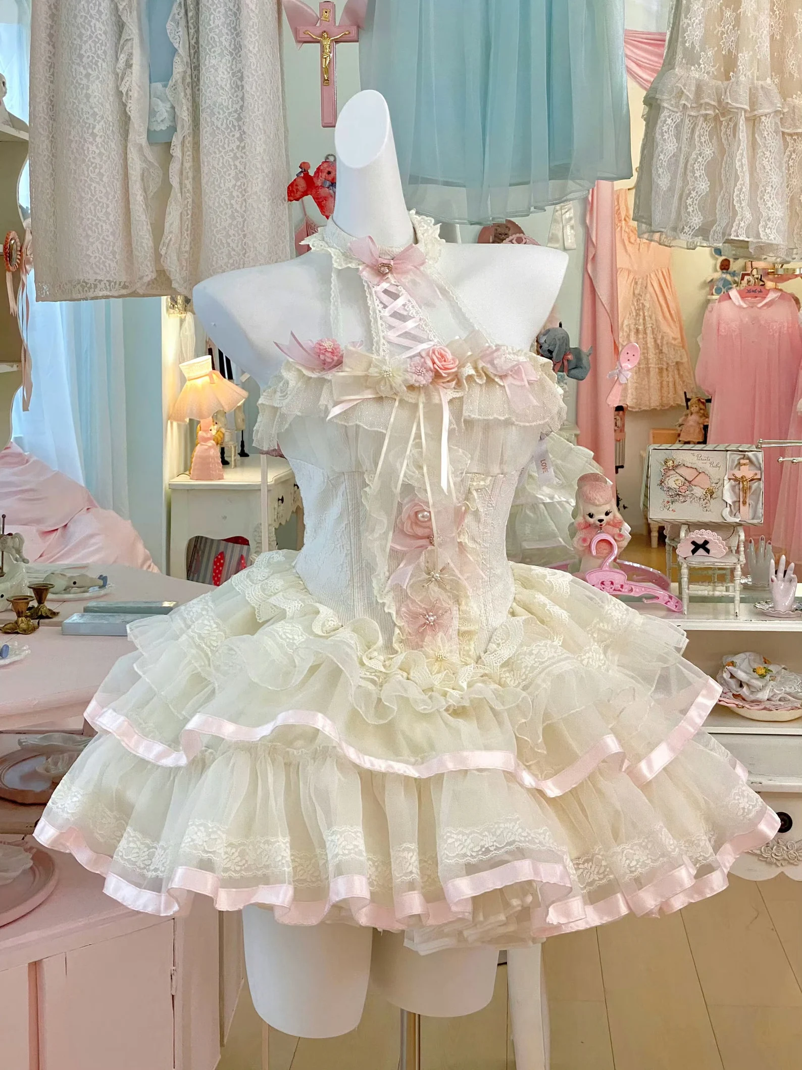 Blooming Flowers Lace Marie Antoinette Style Short Dress