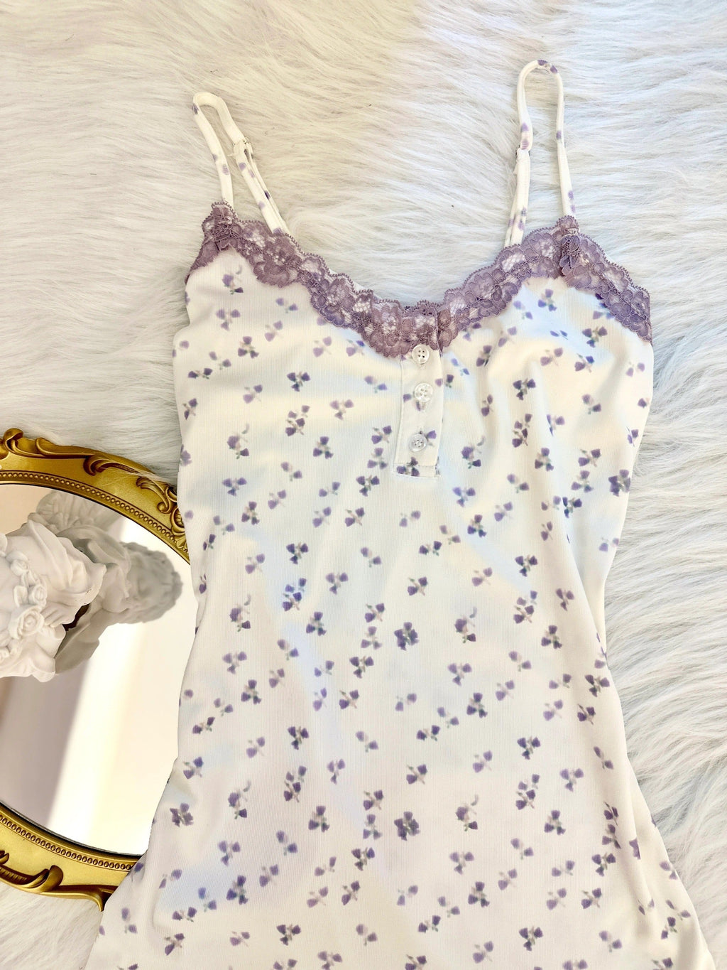 Floral Lace Trimmed Purple Camisole Nightgown