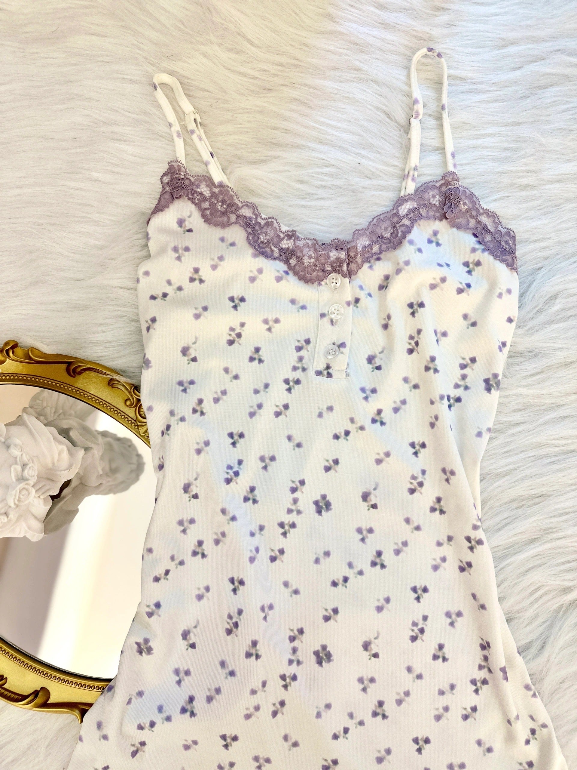Floral Lace Trimmed Purple Camisole Nightgown