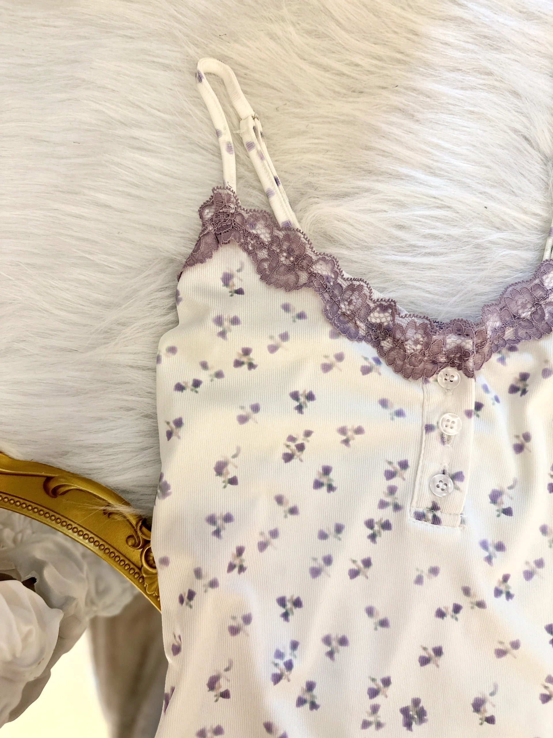 Floral Lace Trimmed Purple Camisole Nightgown