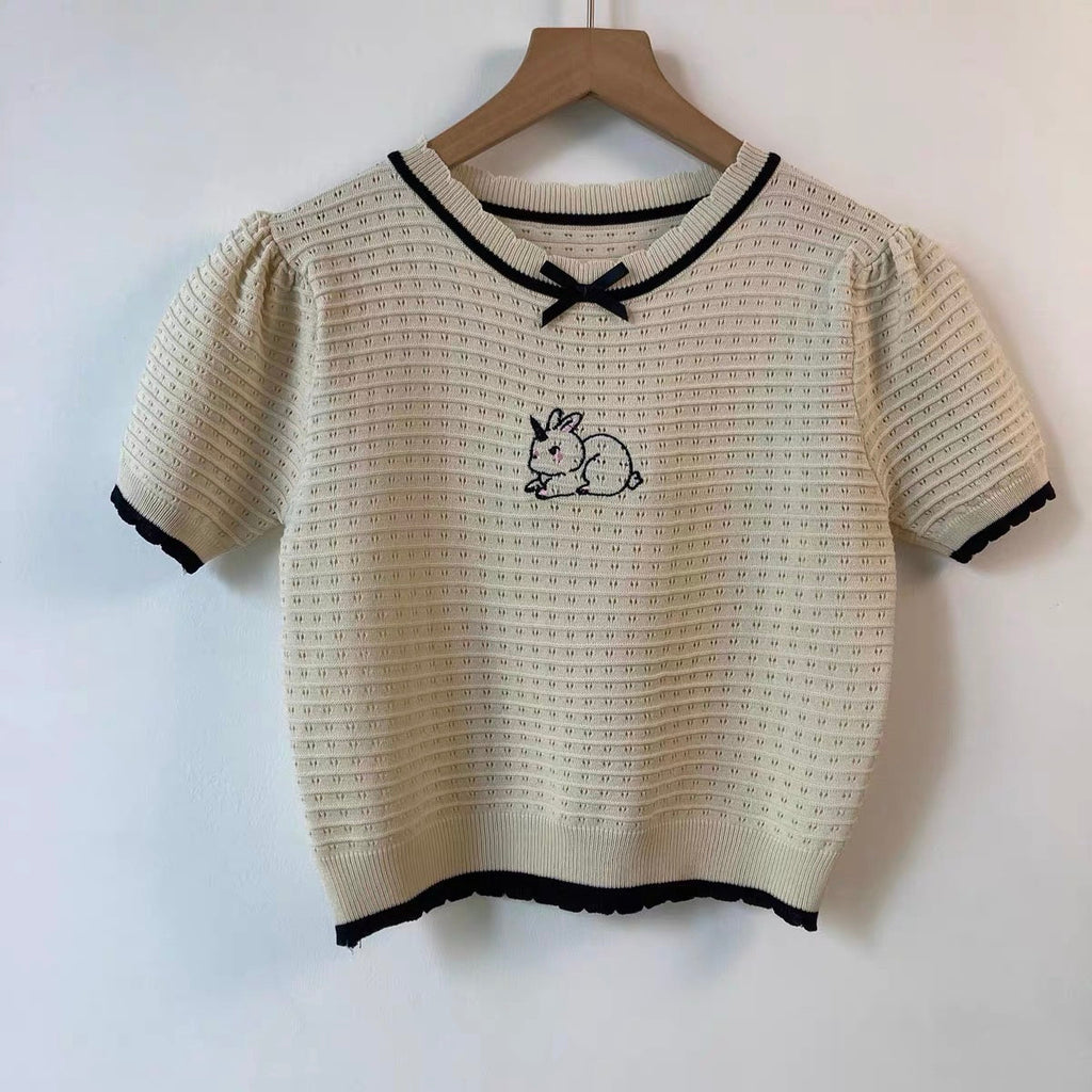 Bunny Embroidered Knit Bow Top