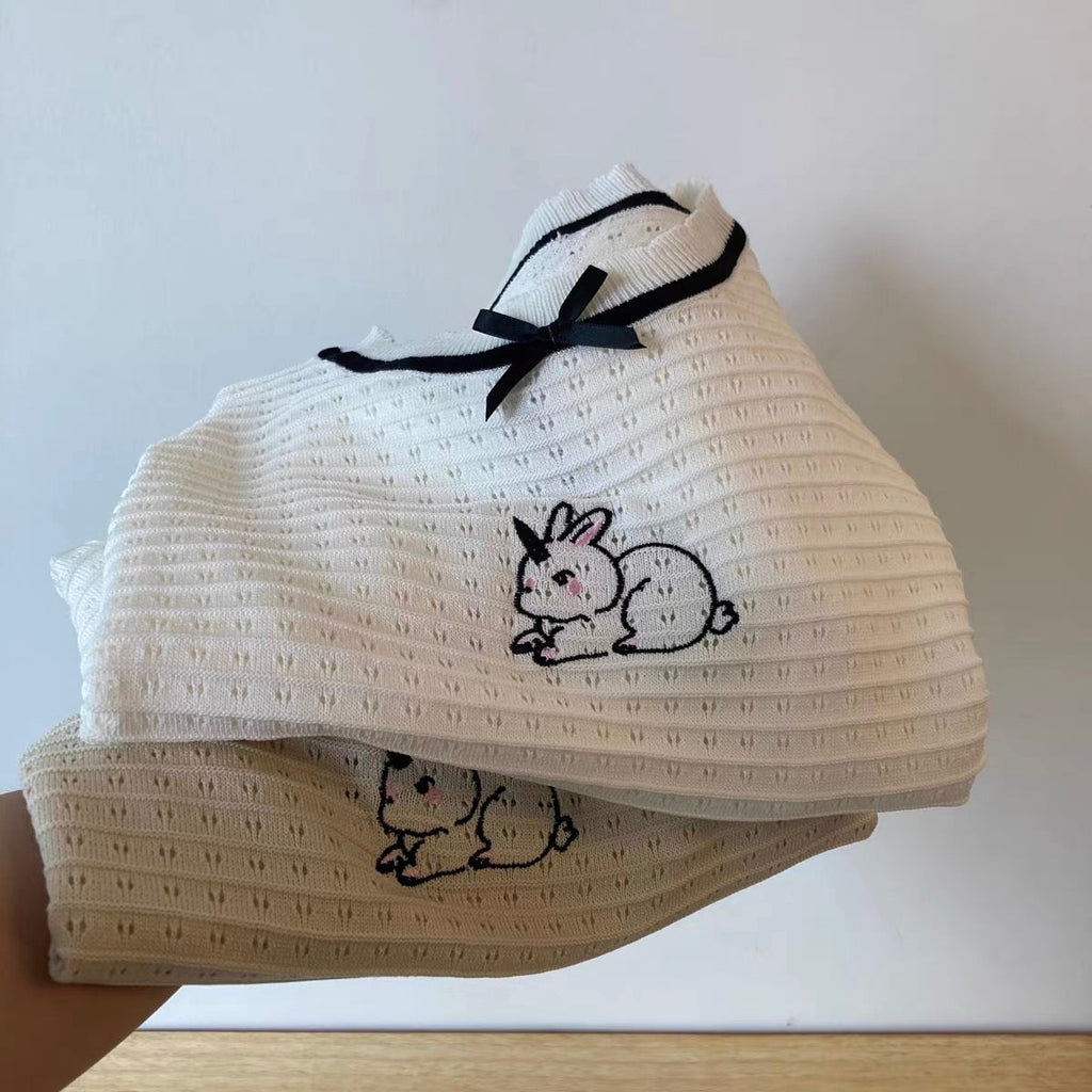 Bunny Embroidered Knit Bow Top