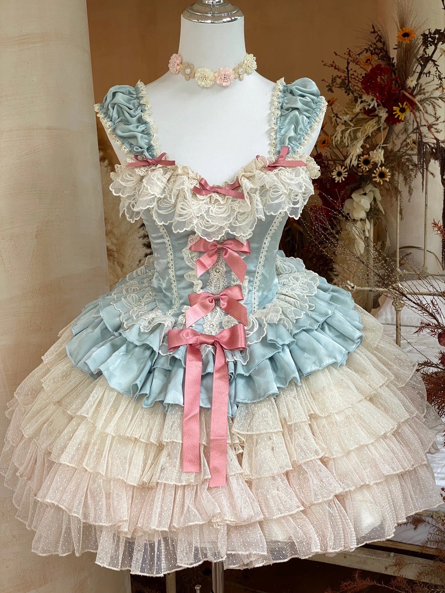 Blue Lace Marie Antoinette Style Short Dress